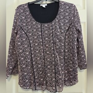Dressbarn Black and Pink, Floral Lace Like 3/4 Sleeves Pullover Top . Size 18/20